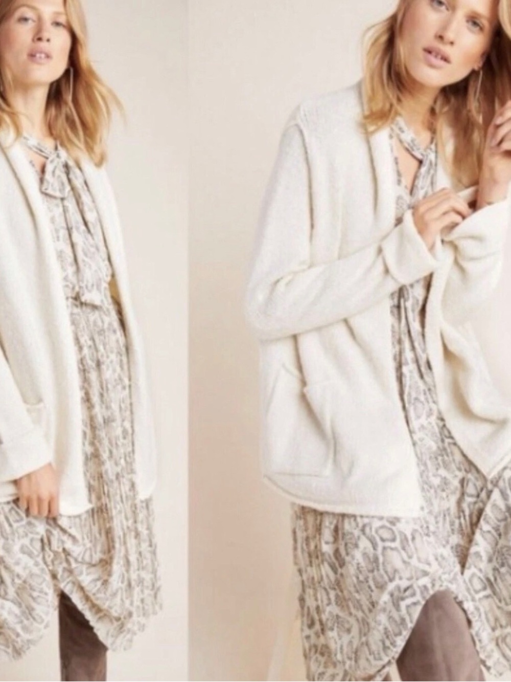 Anthropologie Open Cardigan Size Small Ivory Shawl Neck Oversized Sweater Pocket